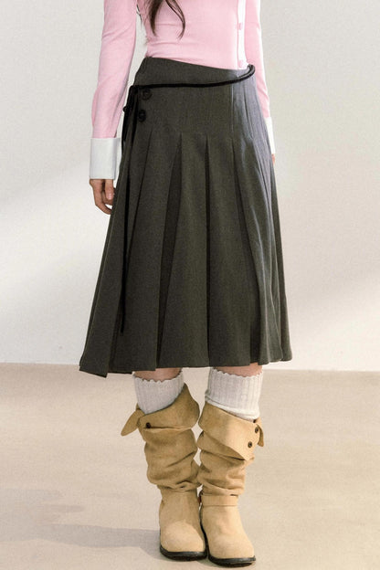 Edge Strap Pleated Midi Skirt