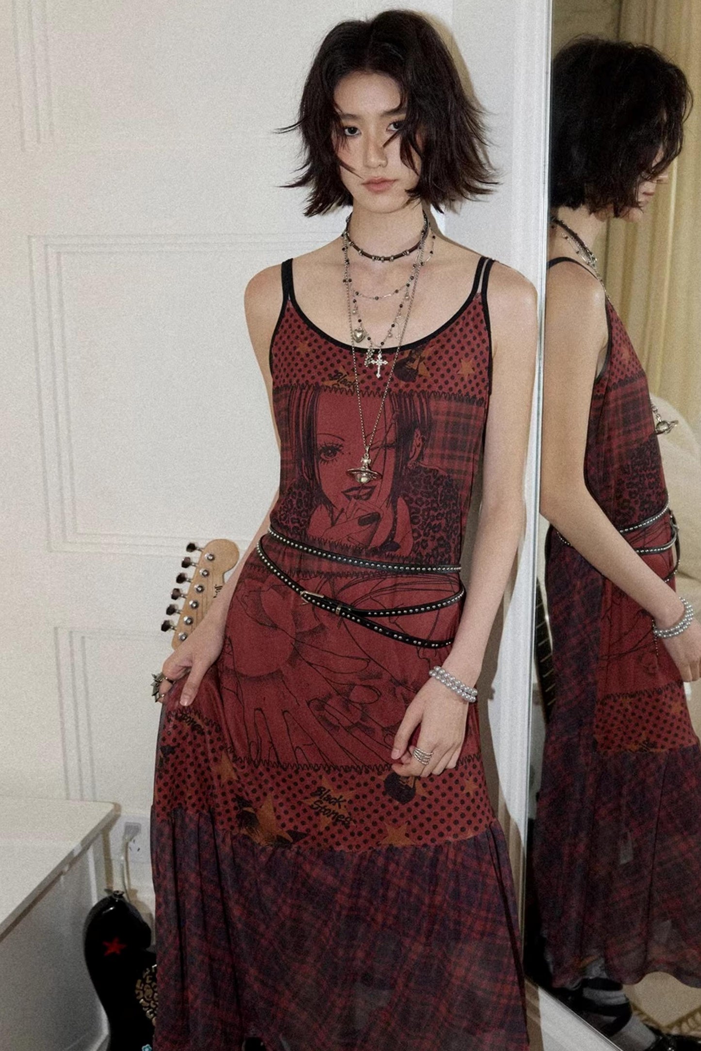 Red Printed Strap Dress