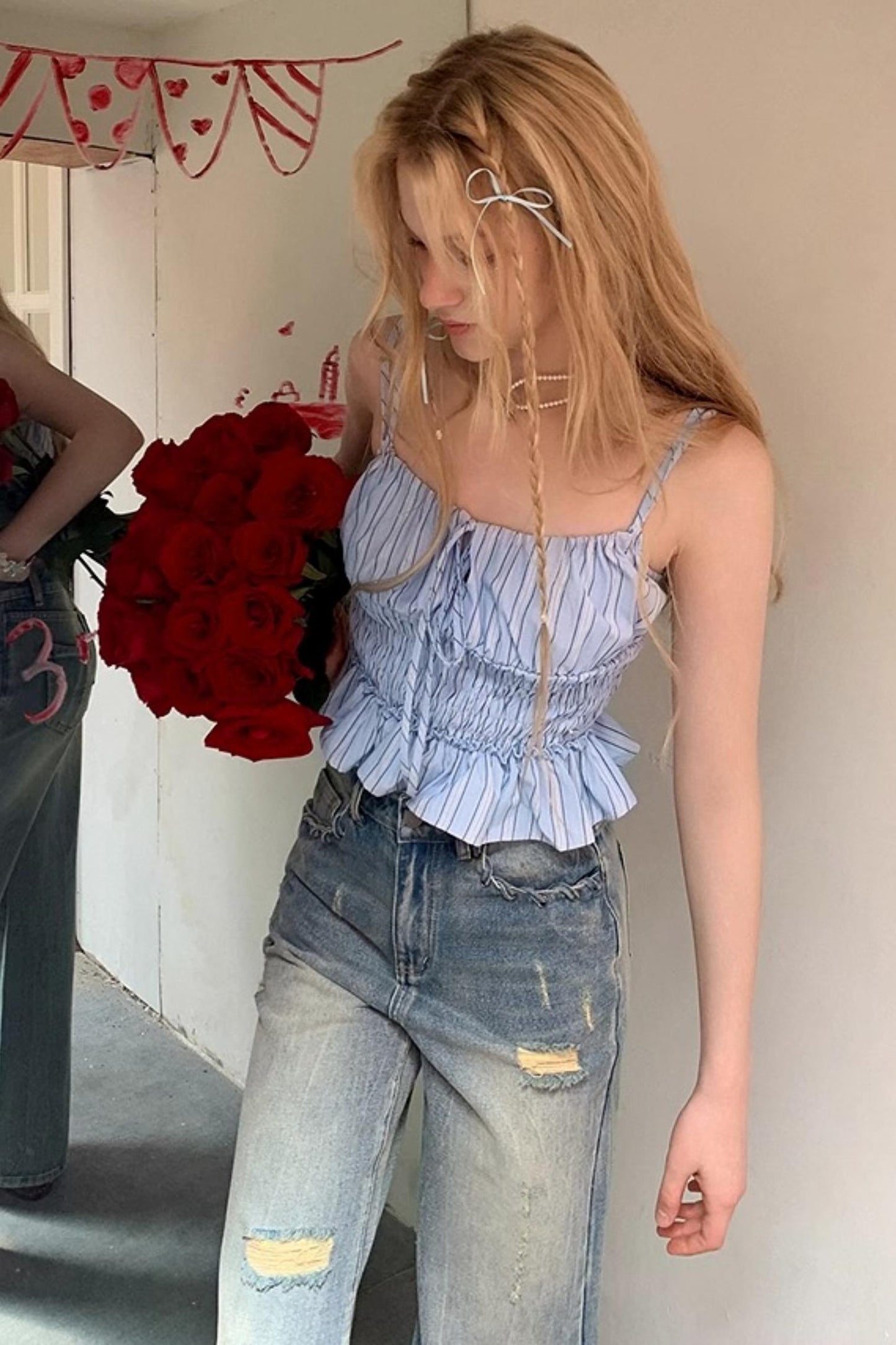 Blue Striped Ruffle Camisole