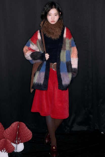 Color-Block-Strickjacke aus Wolle mit Karomuster