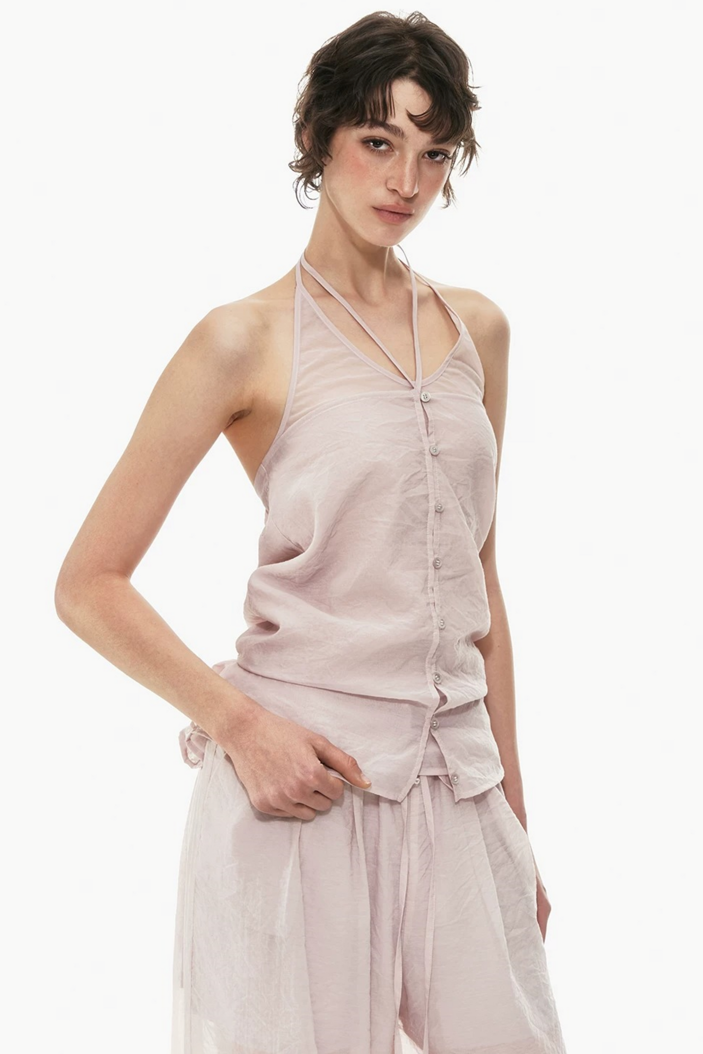 Pink Halter Neck Vest Set-Up