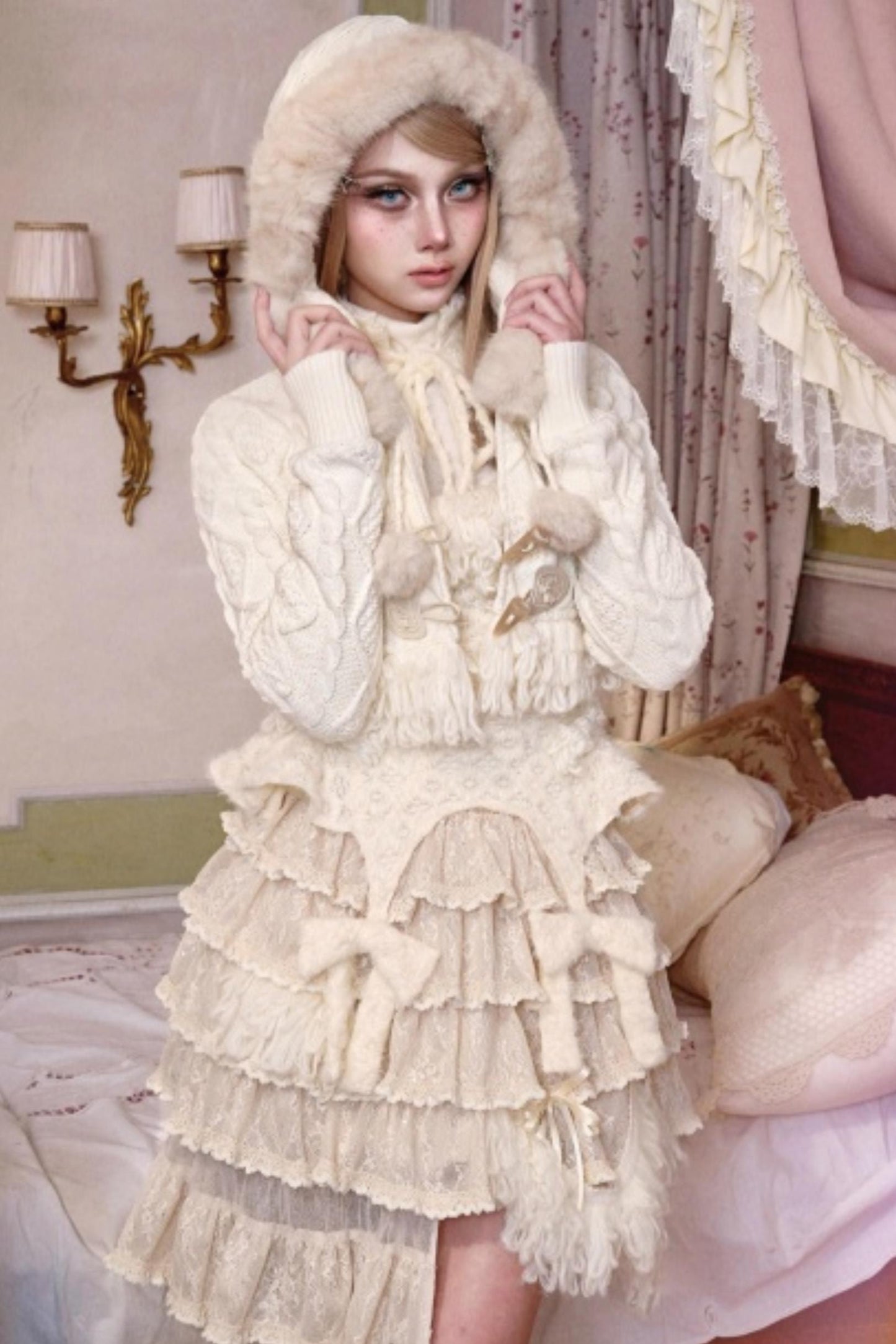 Slavic Knit Hooded Cardigan Hat Set-Up