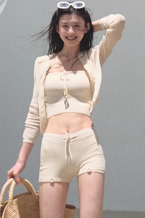 Oriental Apricot Blossom Ice Silk Knitted Cardigan Set-Up