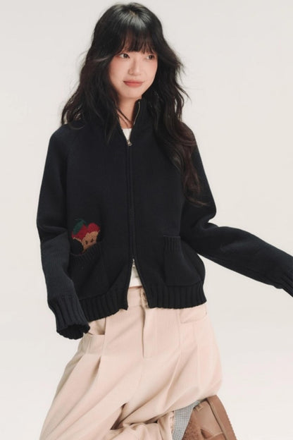 Hand-Painted Apple Embroidery Cardigan