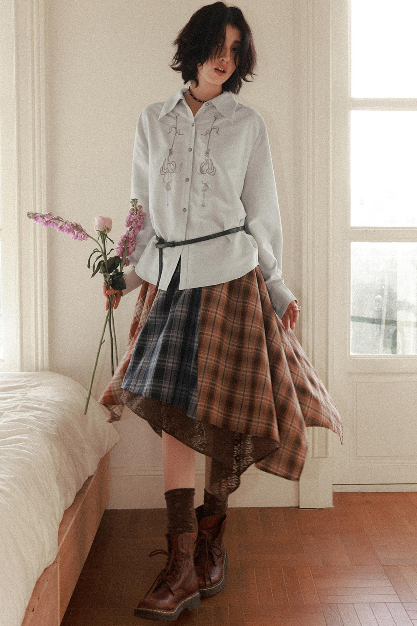 Suede Embroidered Lantern Shirt