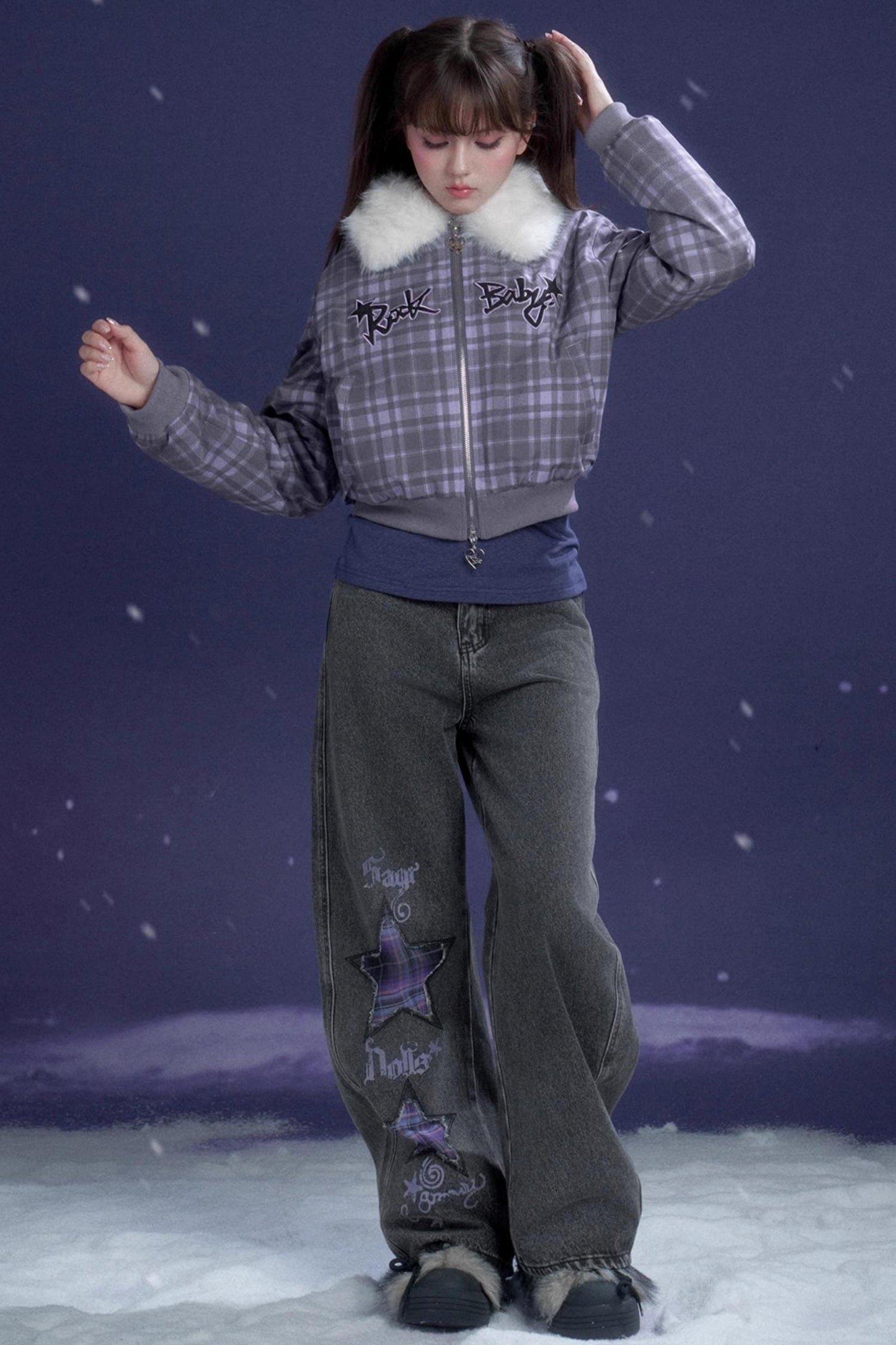 Purple Plaid Fur Collar Jacket