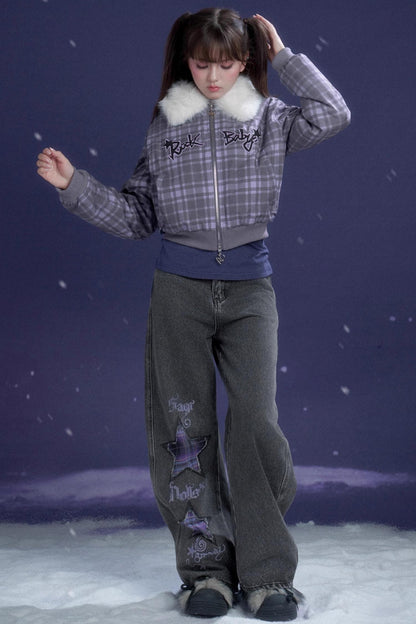 Purple Plaid Fur Collar Jacket