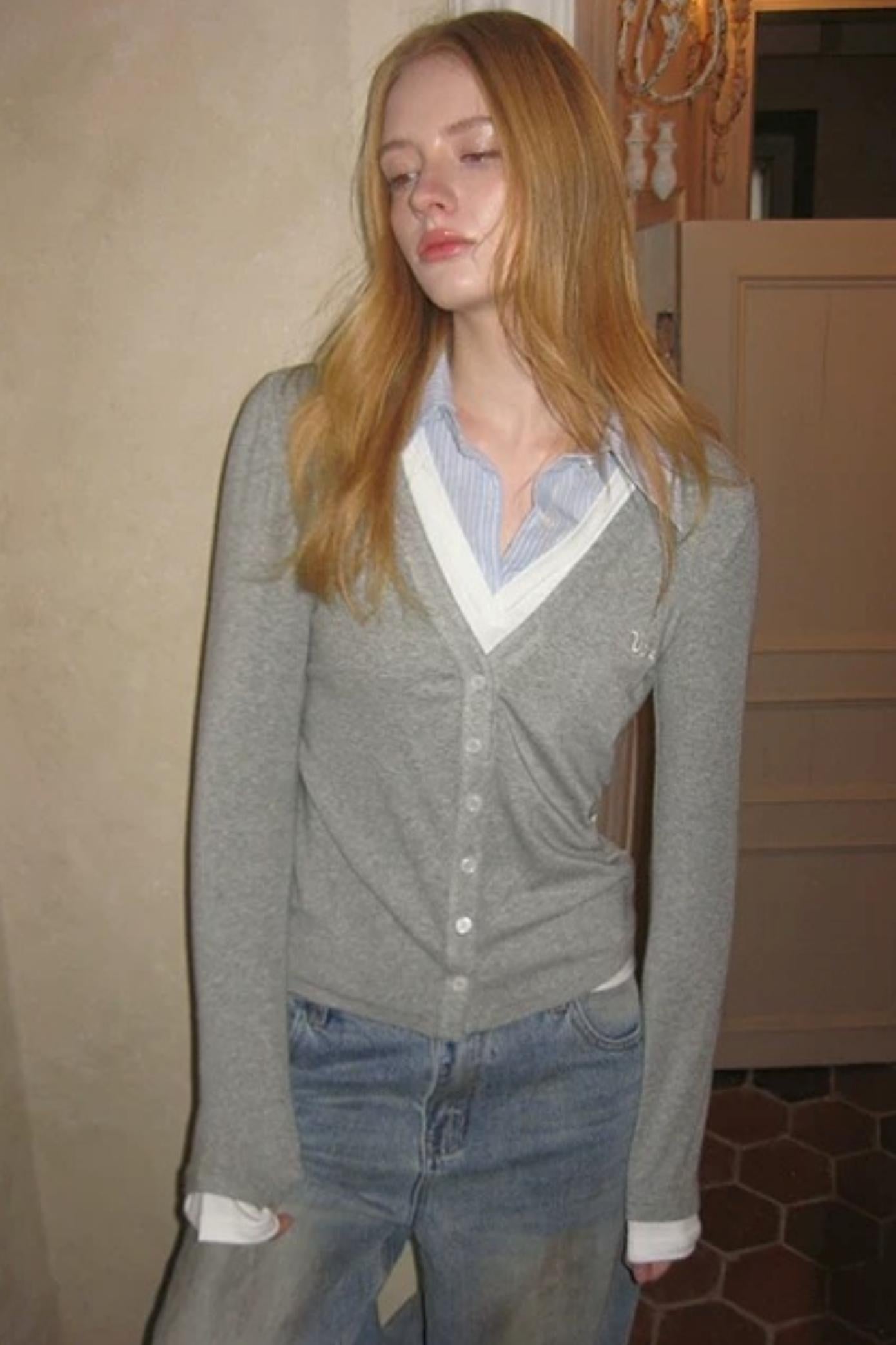 Gray Embroidered Knit Blouse