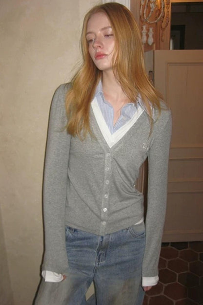 Gray Embroidered Knit Blouse