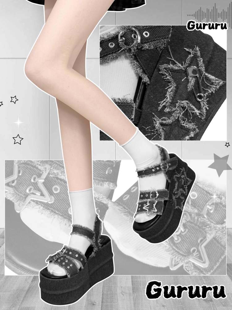 Y2K Punk Star Denim Eyelet Belt Super Thick Sole Sandals