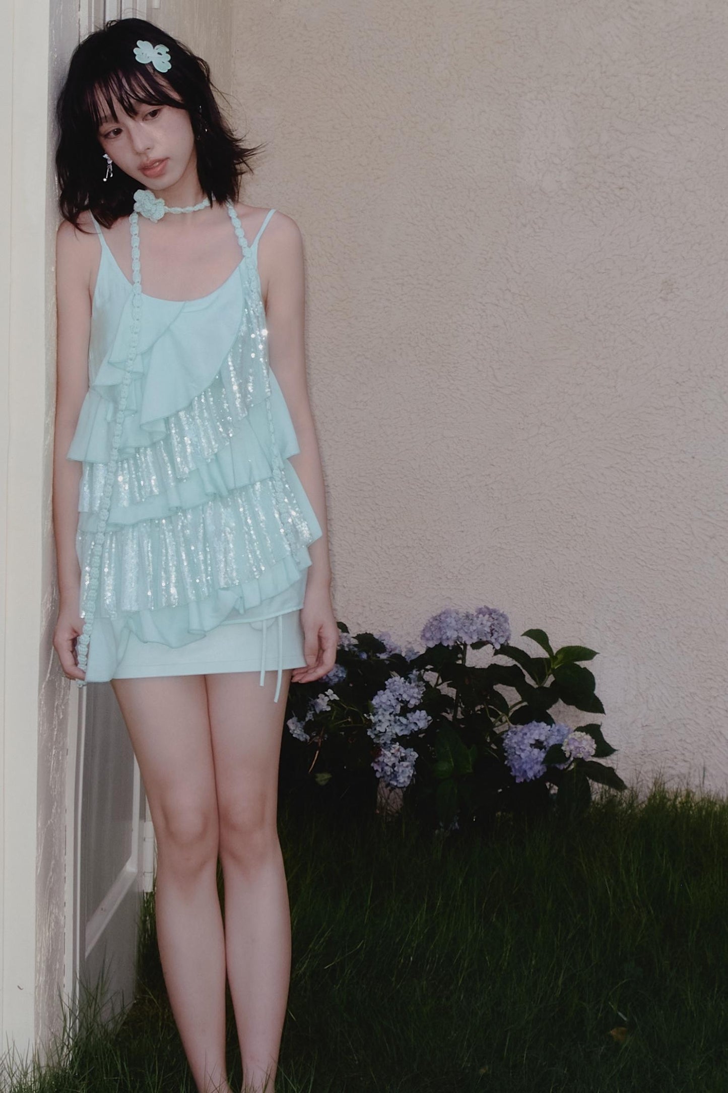 Green Sequin Ruffled Suspender Top