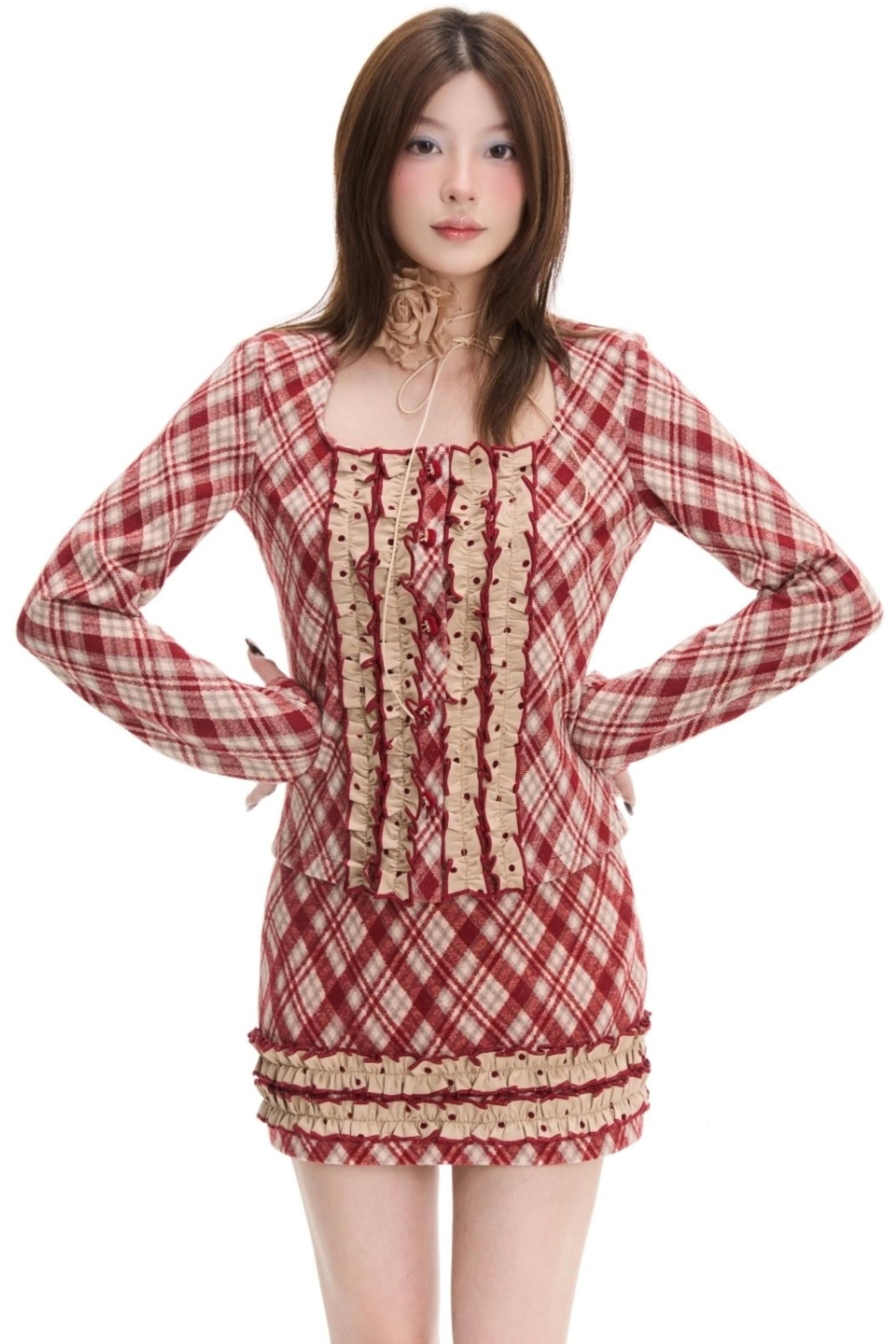 Red Check A-Line Long Sleeve Top Set-Up