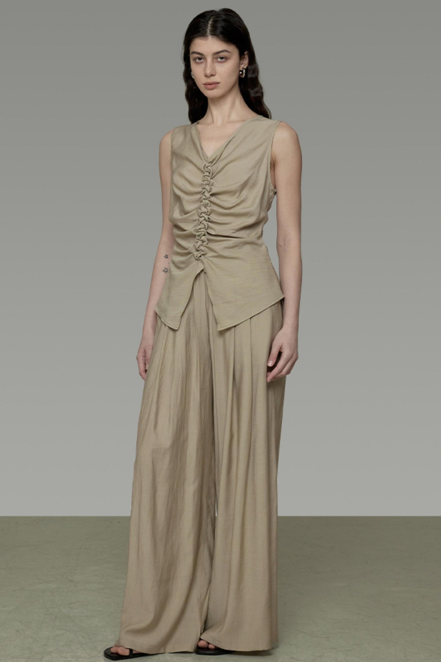 Khaki V-Neck Sleeveless Top