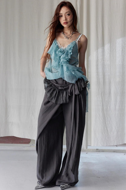 Lace Pleated Wide Leg Pants