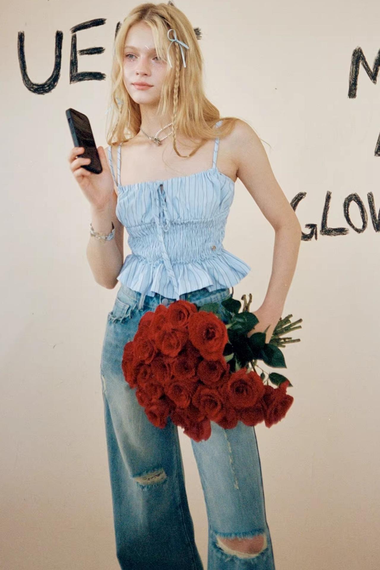 Blue Striped Drawstring Camisole