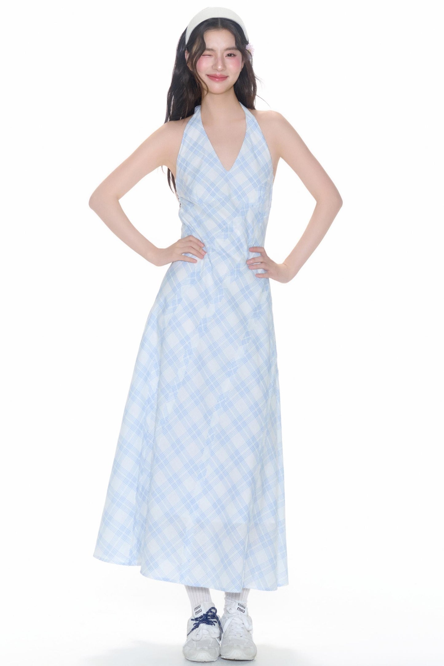 Plaid V-Neck Flutter Maxi Dress