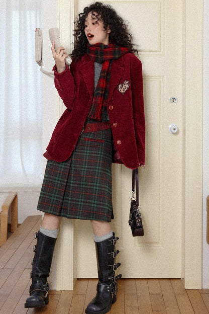 Retro Casual Pleated Plaid Skirt