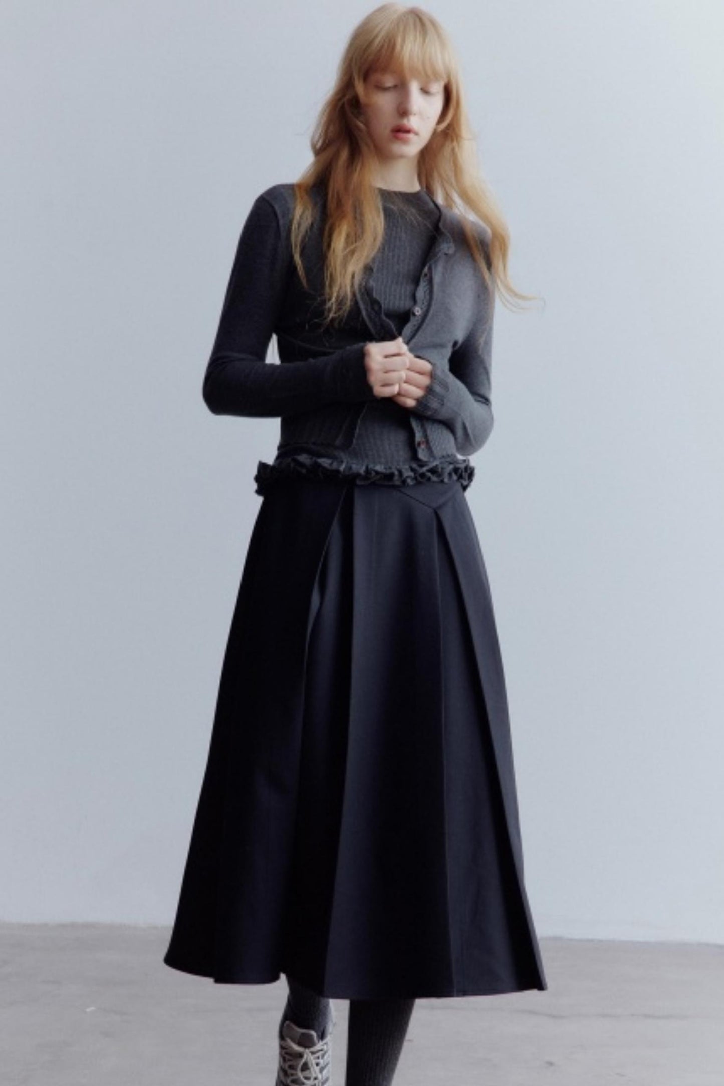Lime Wool Irregular Pleated Wool Skirt
