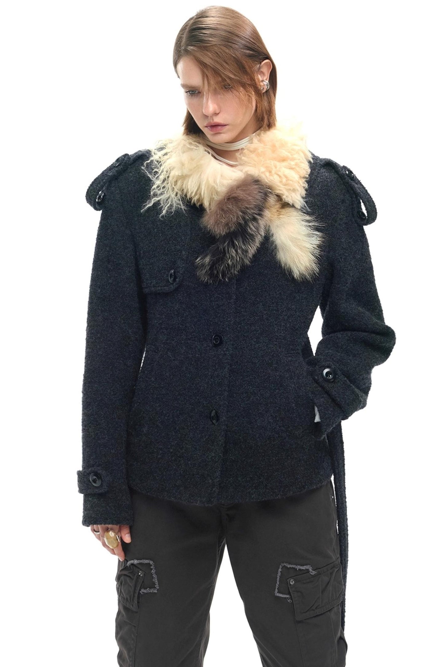 Wool Color-Blocked Fur Scarf