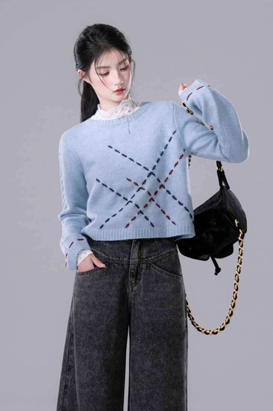 Sky Blue Contrasting Hand-Stitched Jumper Top