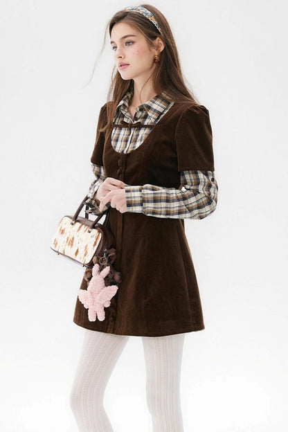 Brown Plaid Corduroy Dress