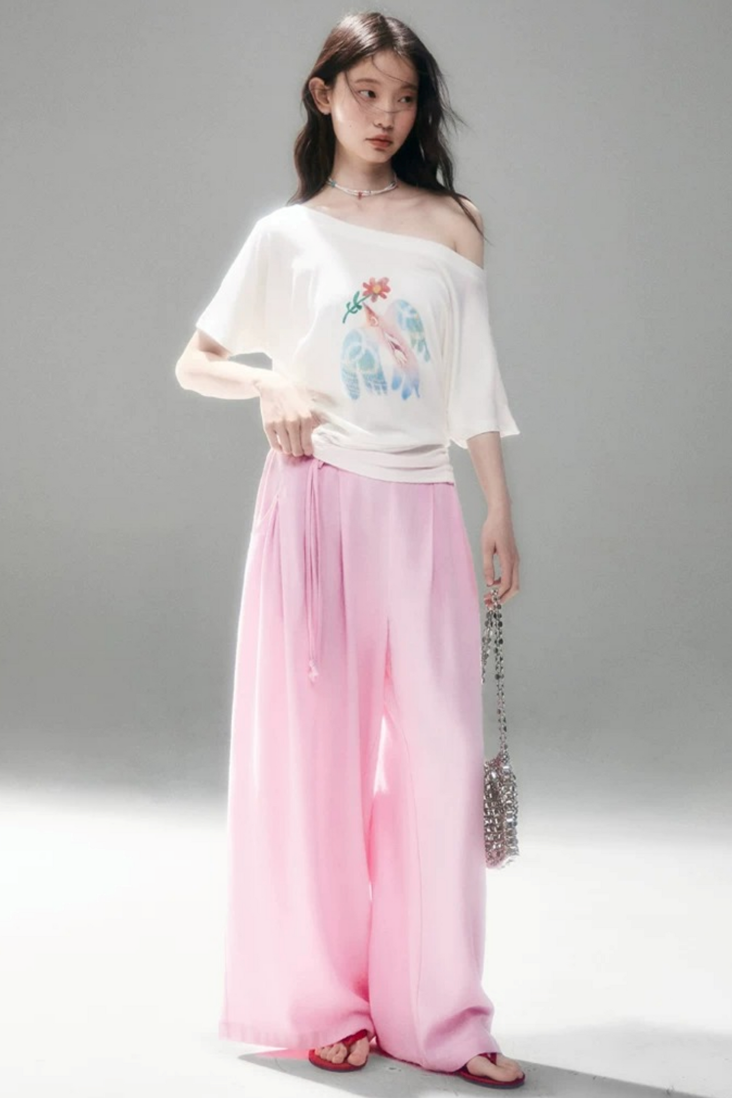 Mint Bird Print Off-Shoulder Ruched Top