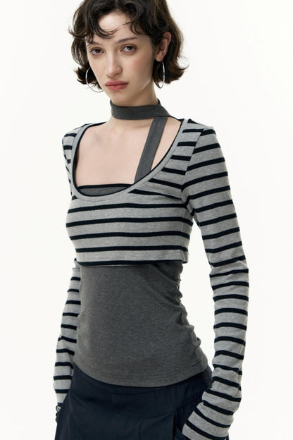 Contrast Long-Sleeved Top With Bandeau Set