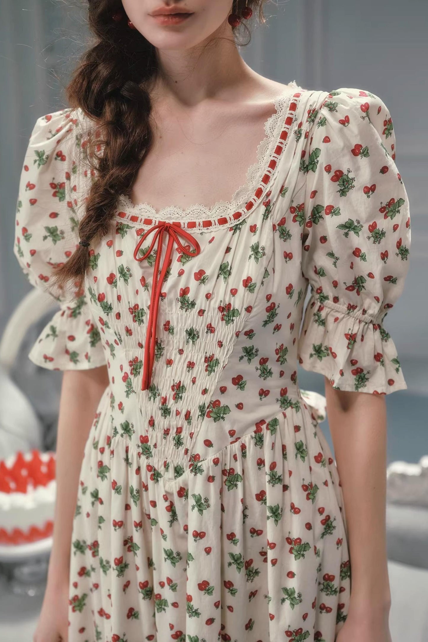 French Pastoral Style Strawberry Floral Dress