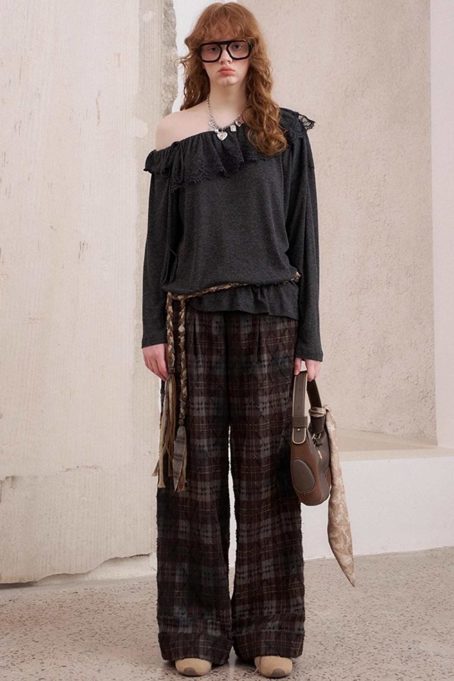 Textured Loose Plaid Trousers