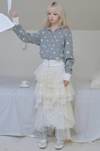 Beige Lace Patchwork Chiffon Skirt