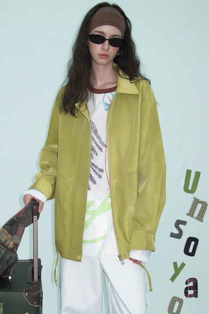 Green Lapel Leather Jacket