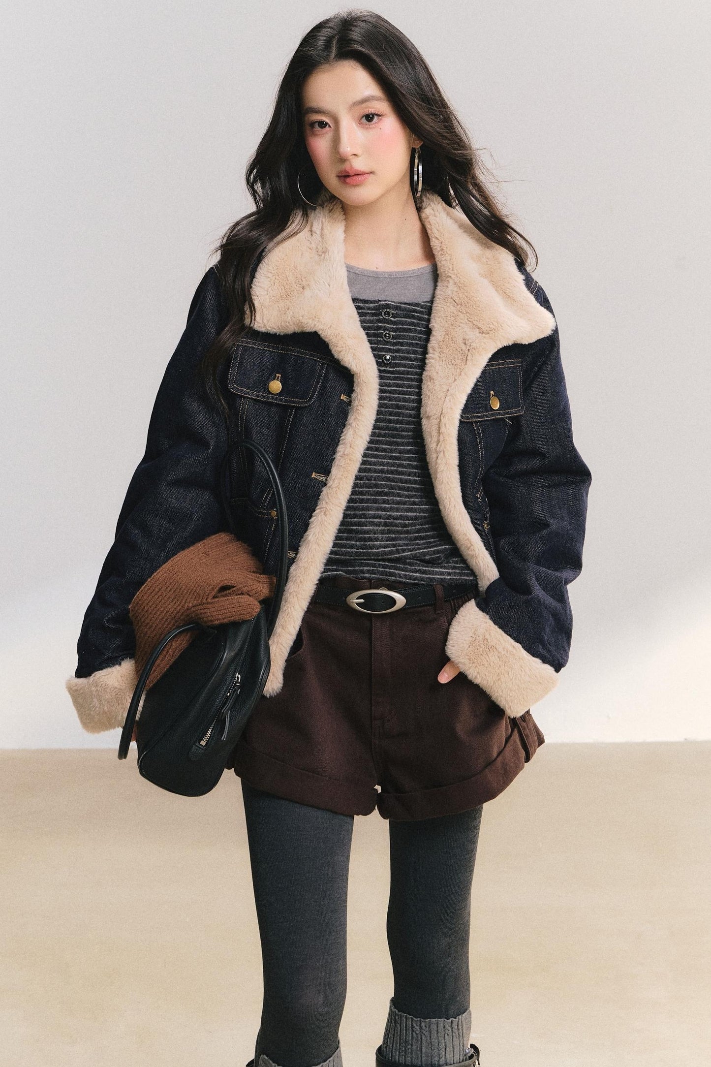 Denim Lace Trim Fur Coat