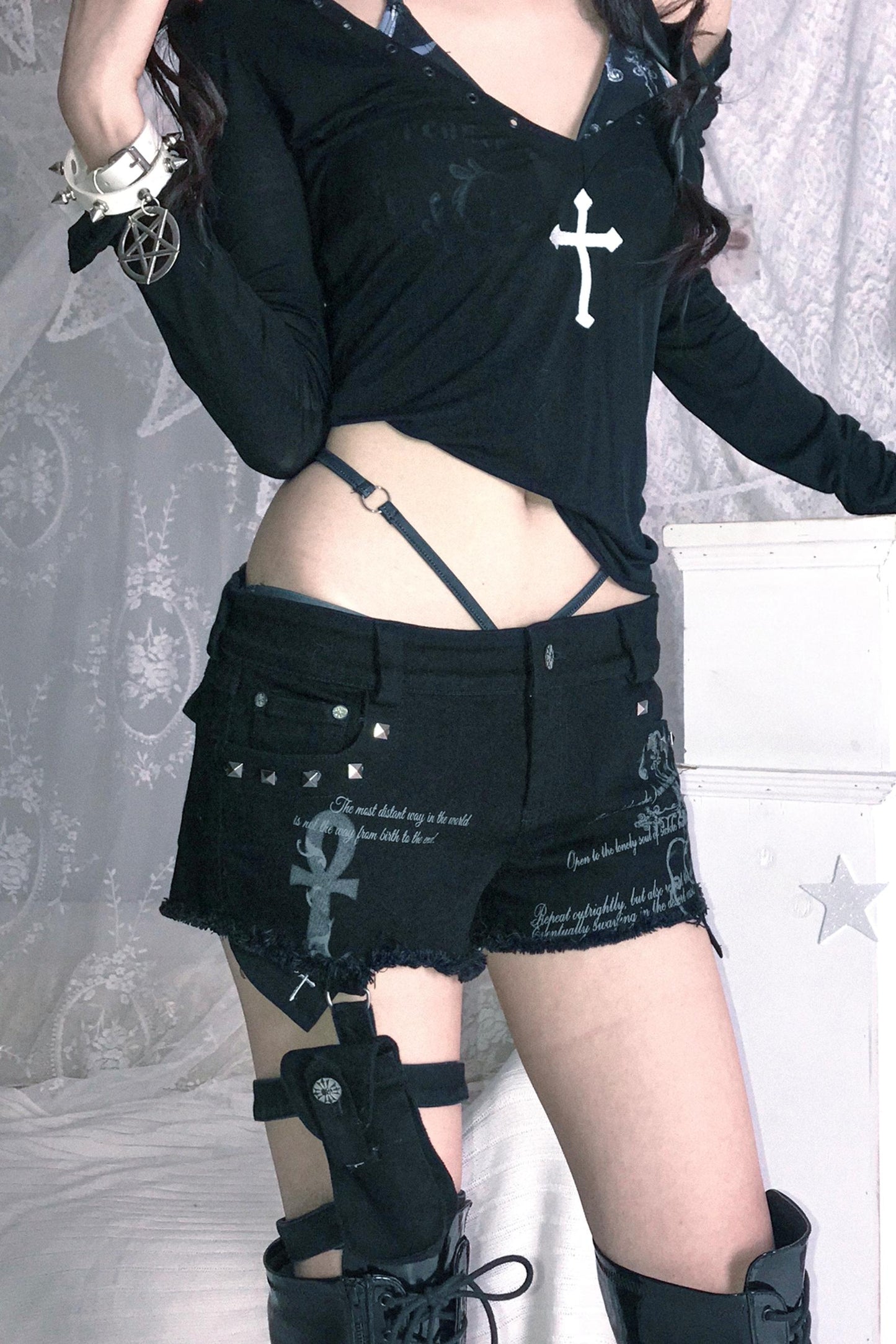 Stud Printed Denim Shorts