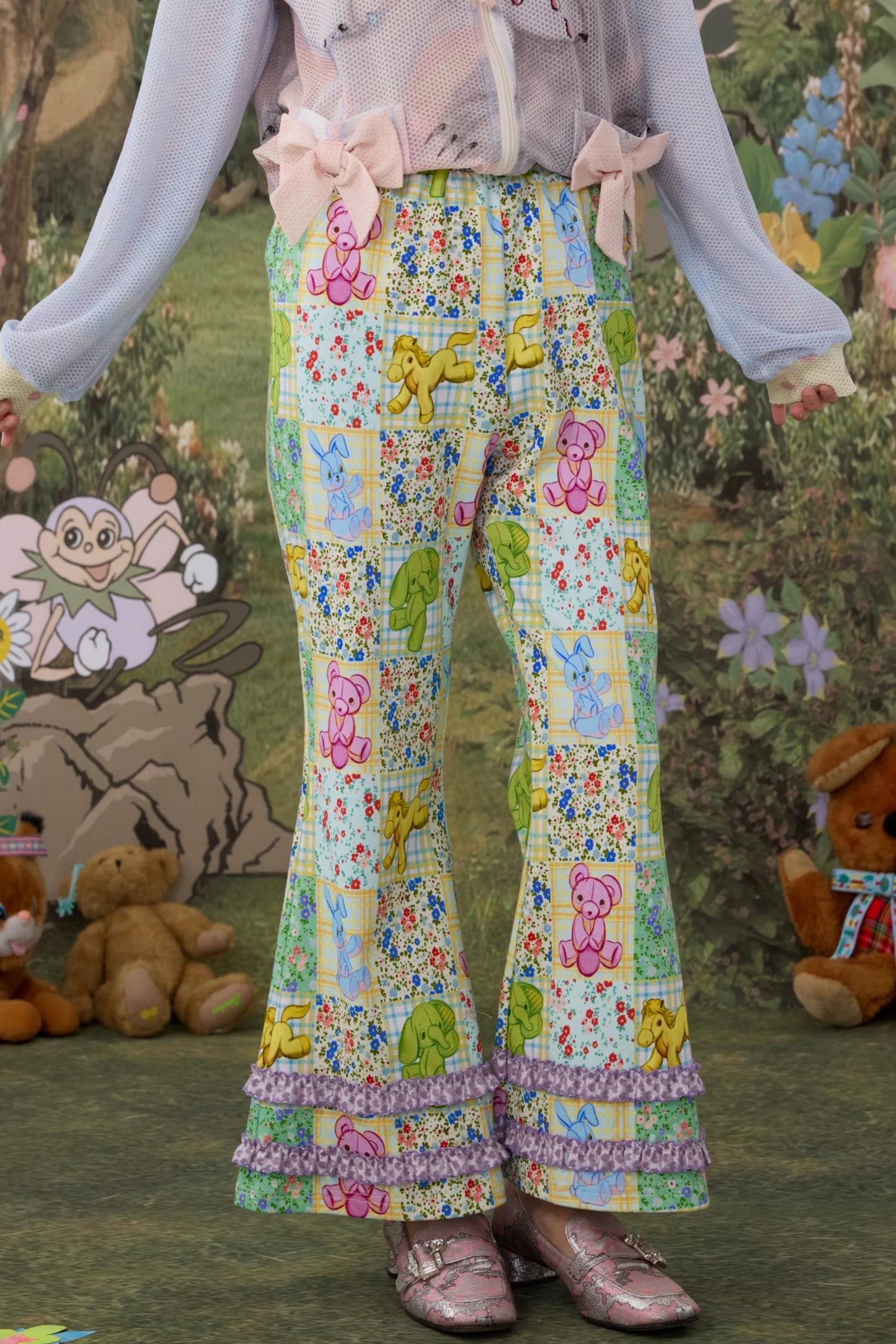 Elastic Floral Cotton Flared Pants