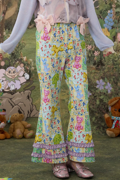 Elastic Floral Cotton Flared Pants