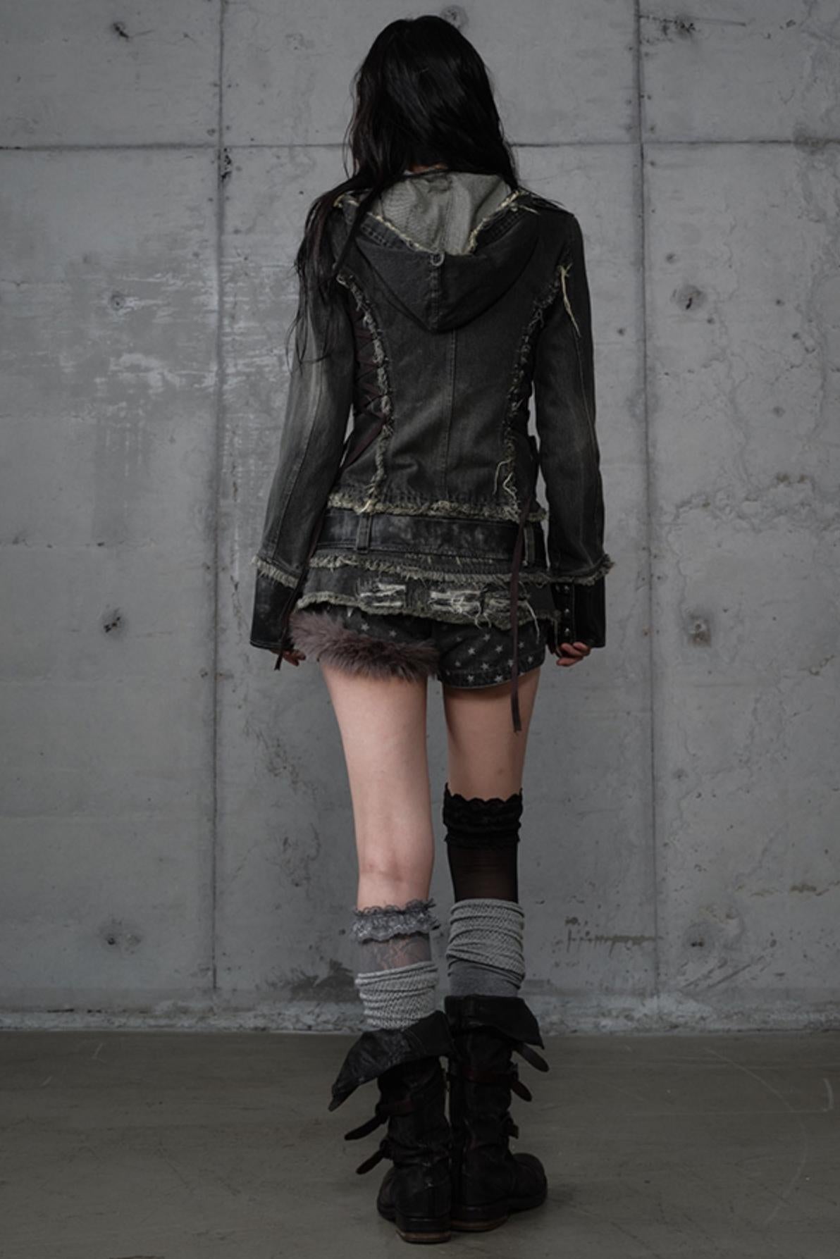 Distressed Denim Slim Fit Hooded Coat