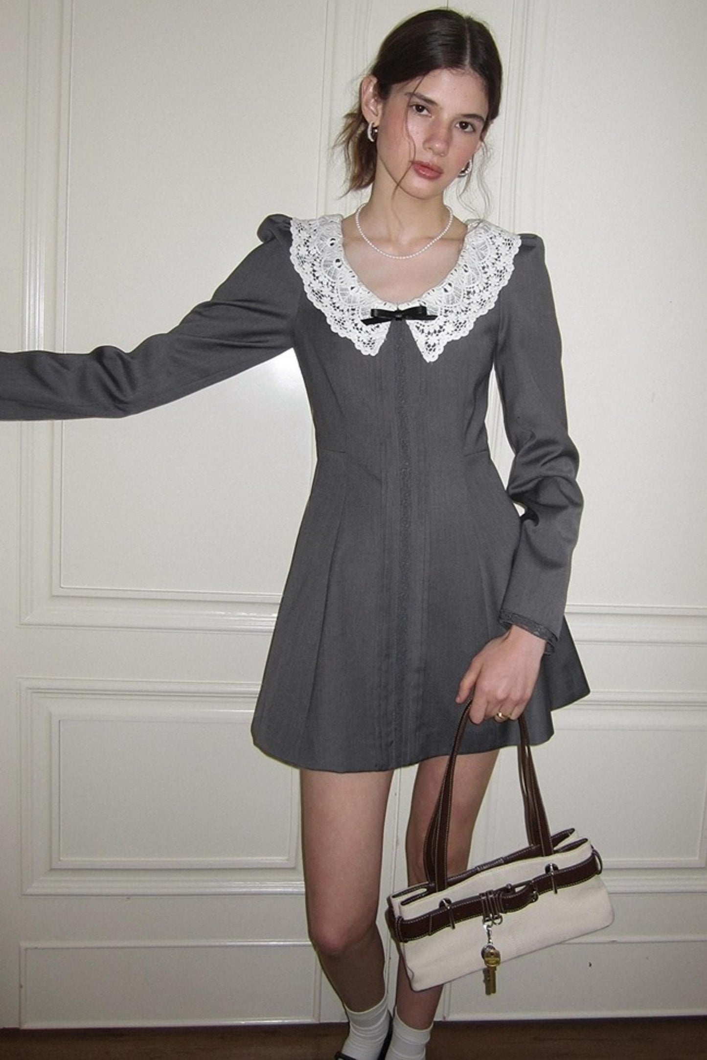 Grey Lace Bow Doll Dress