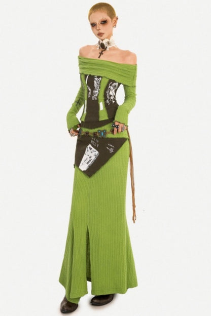 Green Off-Shoulder Top Skirt Set-Up