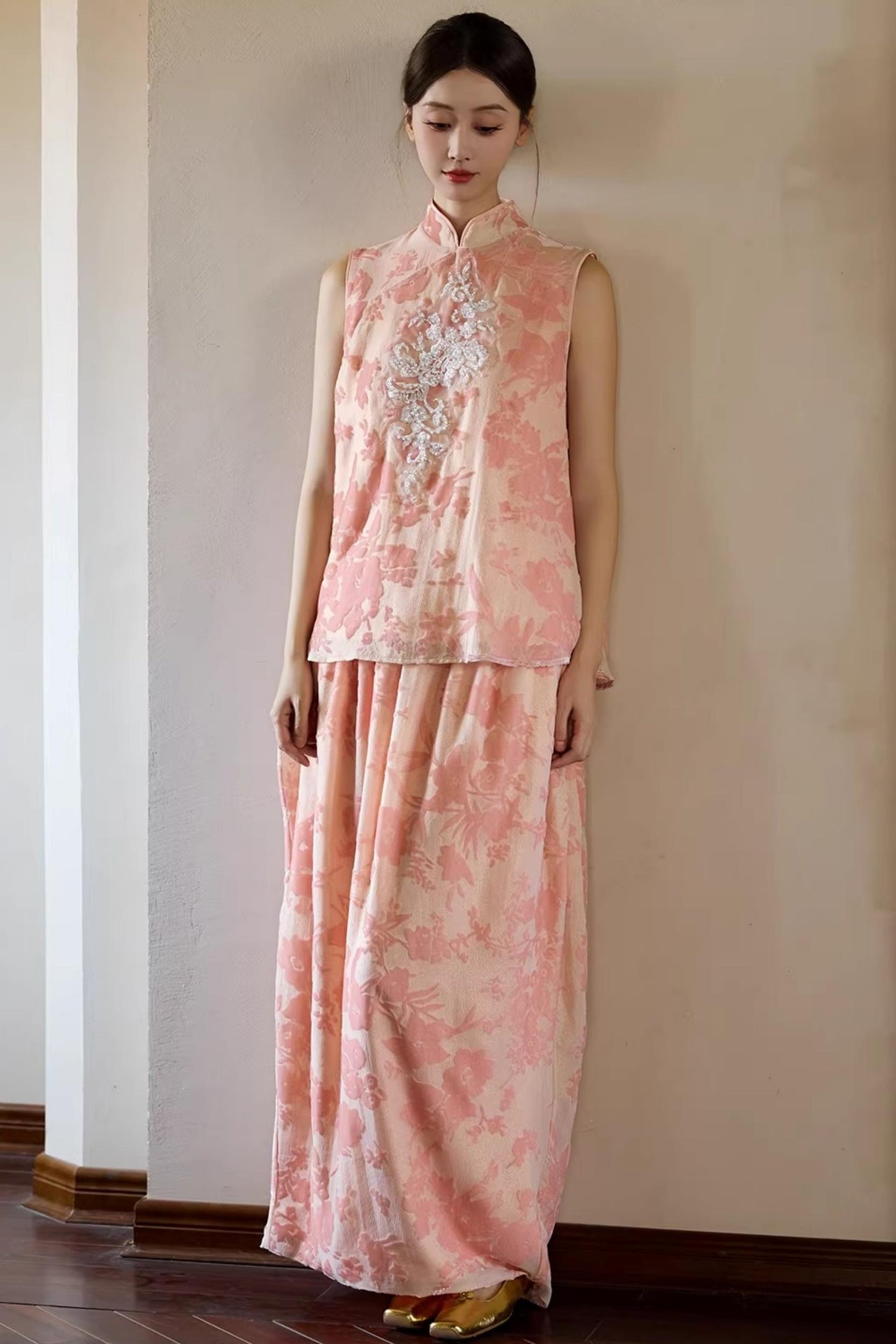 Embroidered Pink Cheongsam Skirt Set-Up