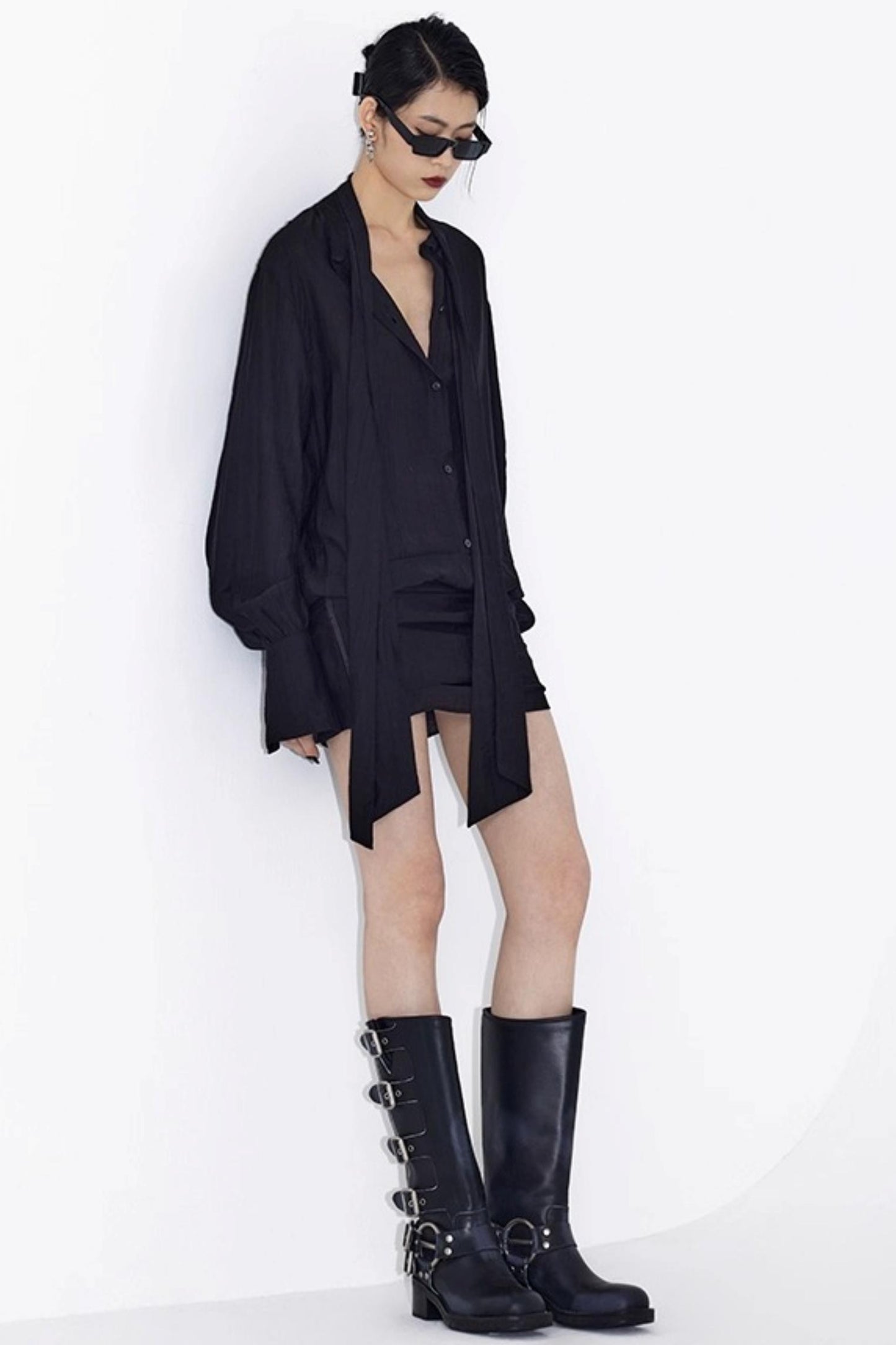 Streamer Black Drape Shirt Dress