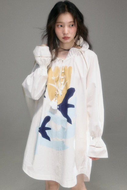 Tulip Bird Print Wood Ear Collar Long Top