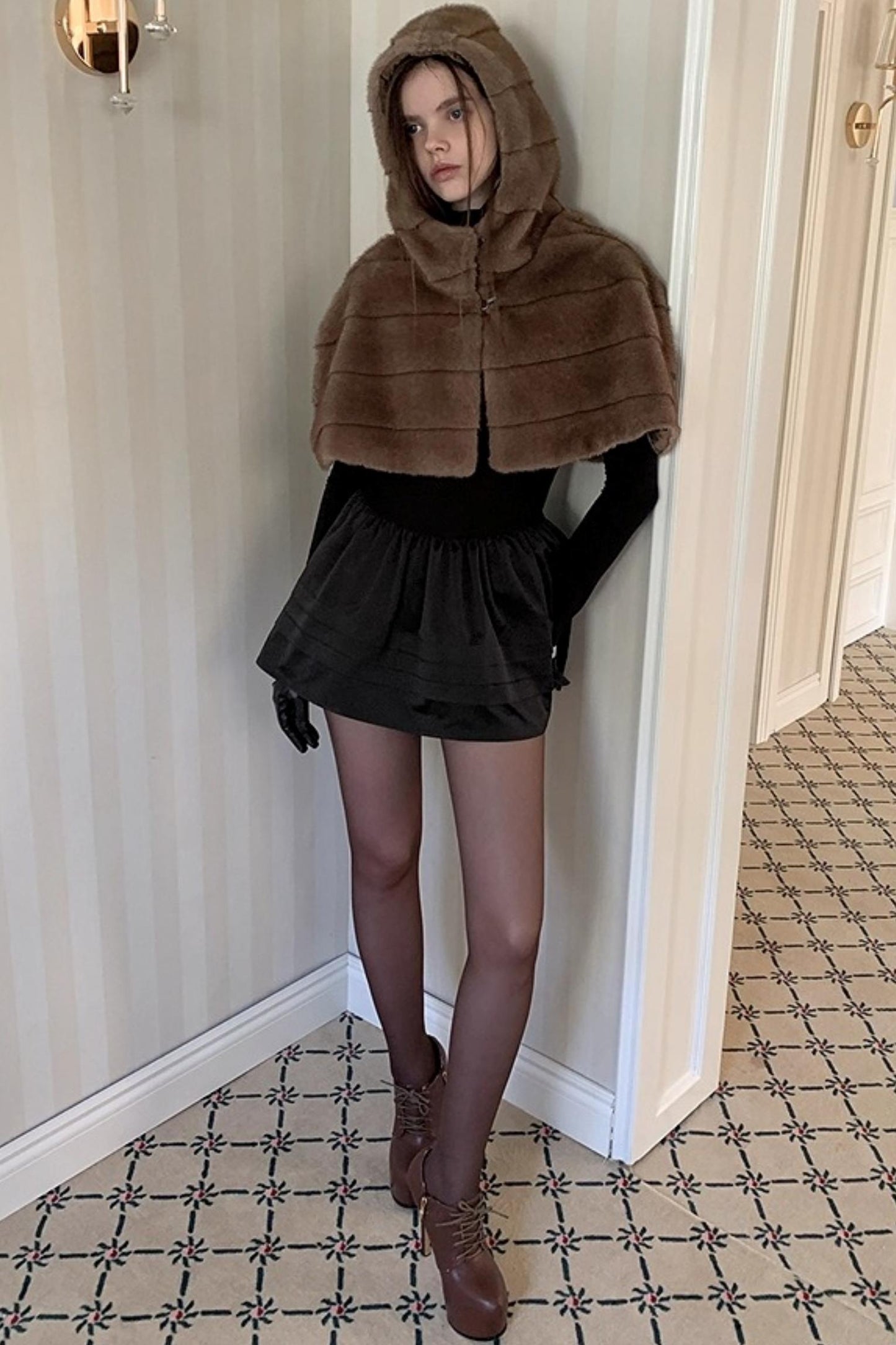 American Retro Fur Hooded Cape Coat