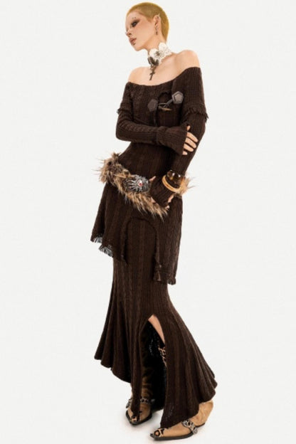 Retro Knit Off-Shoulder Top Set-Up