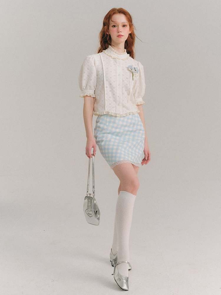 Flower Jacquard Lace French Short Sleeve Shirt