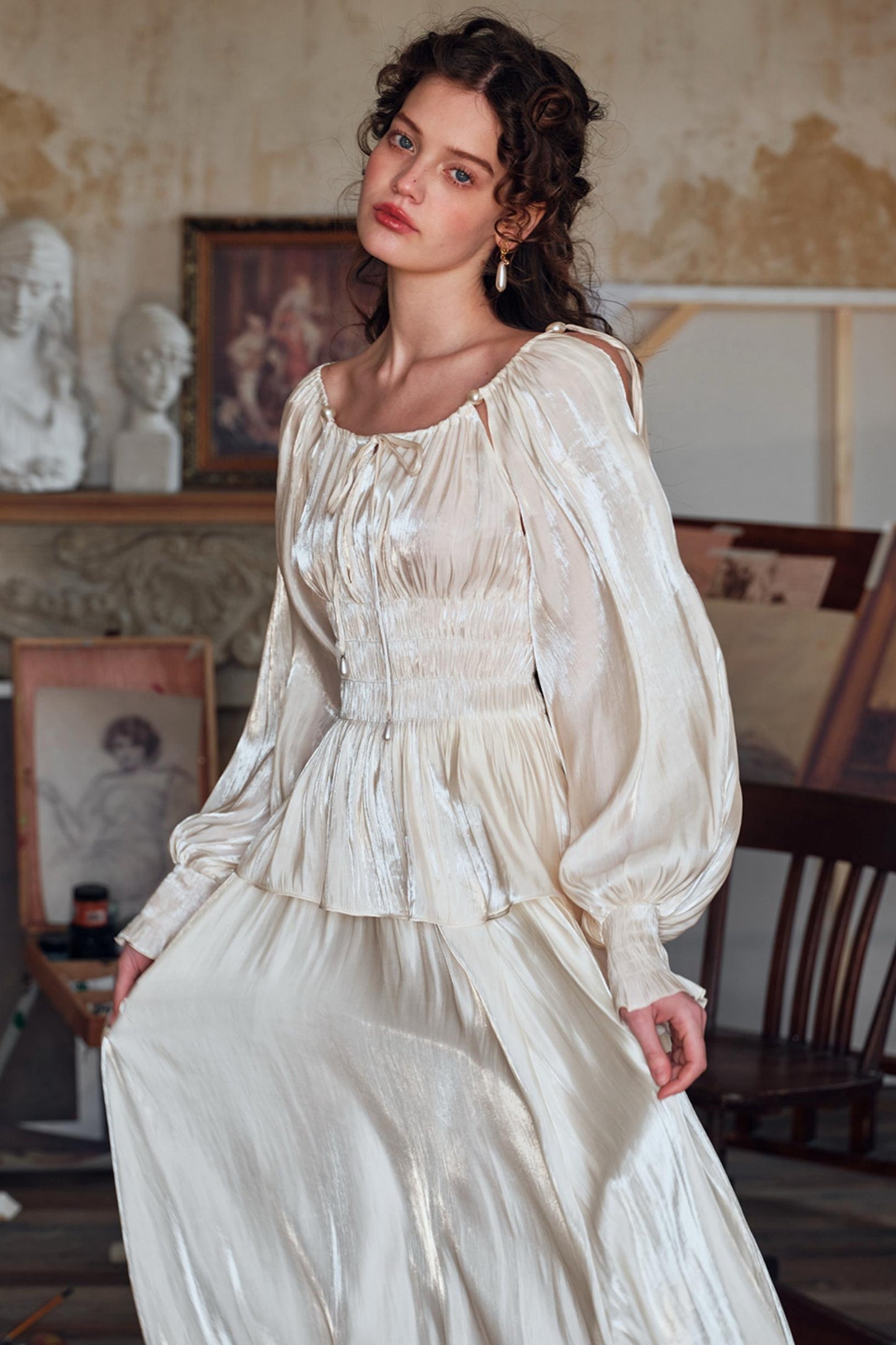 Satin Slim Fit Vintage Skirt Shirt Set-Up