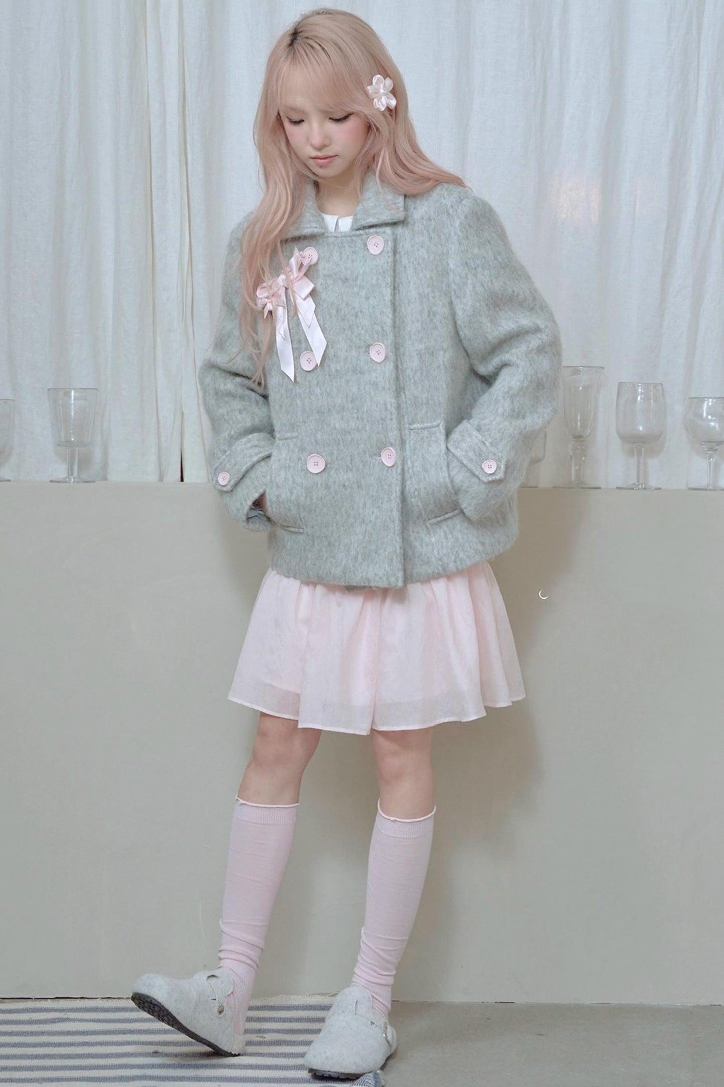 Light Grey Water Ripple Woolen Coat