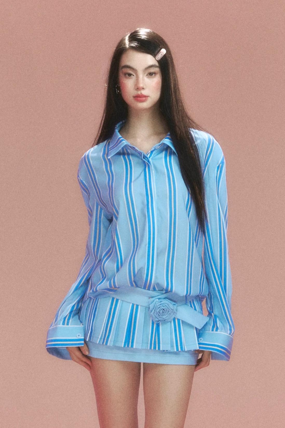 Retro Striped Shirt And Pleated Skirt Set-Up