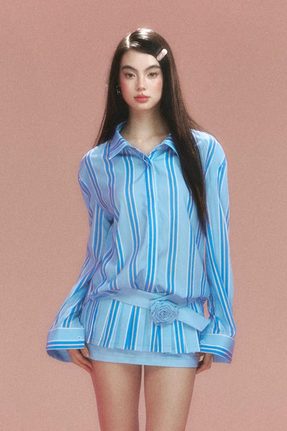 Retro Striped Shirt And Pleated Skirt Set-Up