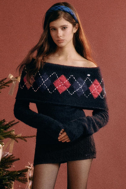 Vintage Argyle Off-Shoulder Sweater
