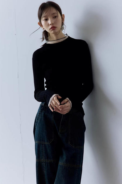 Schwarzes geripptes Stricktop